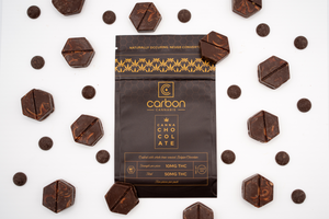Cannabis-infused chocolate with packaging background