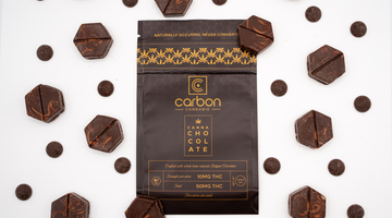 Cannabis-infused chocolate with packaging background