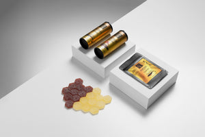 carbon cannabis thc chews layed out on white table