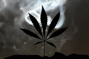 Cannabis leaf silhouette with swirling smoke